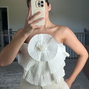 White Pleated Strapless Floral Applique Top